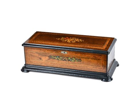 A walnut and marquetry inlaid Swiss cylinder music box, late 19th century, playing 10 airs with an 11 inch cylinder, stop/sta