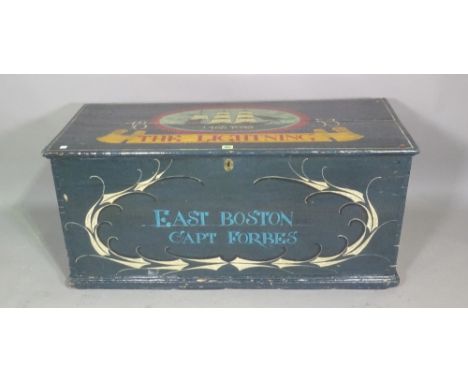 An early 20th century pine seafarers painted trunk,'The Lightning, East Boston 1468', 107cm wide x 50cm high. 