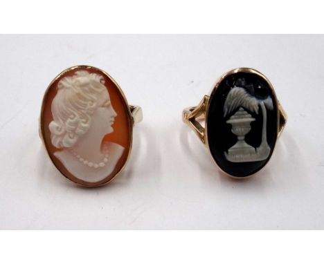 A gold mounted oval shell cameo ring, carved as the portrait of a lady, detailed 9 CT, ring size M and a gold mounted banded 