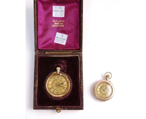 A gold cased lady's keyless wind, openfaced fob watch, with an unsigned cylinder movement, base metal inner case, the floral 