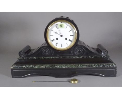 An early 20th century black slate cased mantle clock with 8 day movement, 46cm wide. 