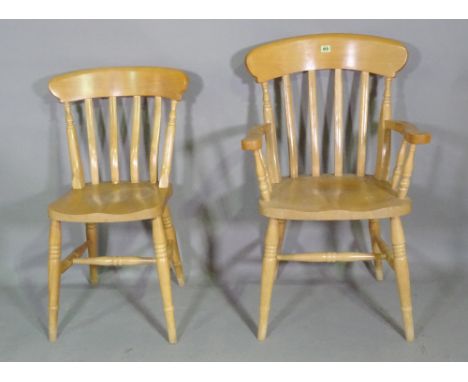 A set of six 20th century beech stick back scullery chairs including a pair of carvers, (6). 