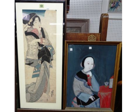 A Japanese woodblock print of a lady attributed to Eizan, together with a Chinese oil on glass of a portrait of a lady, (2).