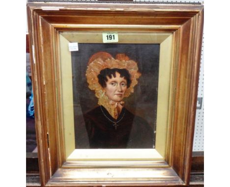 English School (19th century), Portrait of a lady, wearing a lace bonnet, oil on canvas, 24cm x 18cm.