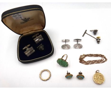 A gold, turquoise and cultured pearl set full eternity ring (one turquoise lacking), a pair of turquoise set oval earstuds, a