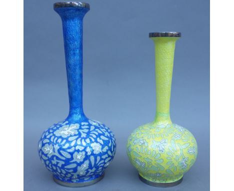 A modern Korean enamel on silver bottleneck vase, blue ground, foliate design, stamped to the base 'Made in Korea Silver 98%'