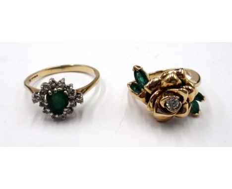 A 14ct gold, emerald and diamond ring, designed as a floral spray, mounted with a circular cut diamond to the flowerhead cent