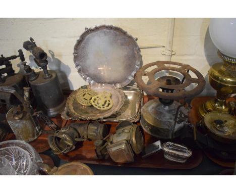 A Tray Containing Two Vintage Carbide Bicycle Lamps for Restoration, Two Lighters, Paraffin Stove, Silver Plated Server etc. 