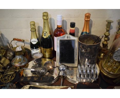 A Tray Containing Champagne, Sparkling Wine, Rose &amp; Sherry, Silver Plated Pourers, Silver Plated Wine Cooler etc. 