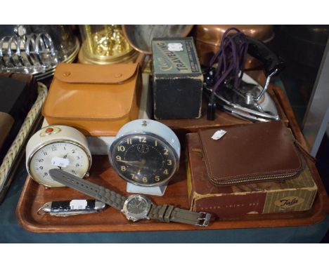 A Tray of Curios to Include Travel Irons, Alarm Clock, Wristwatch, Penknife, Shoe Cleaning Set etc. 