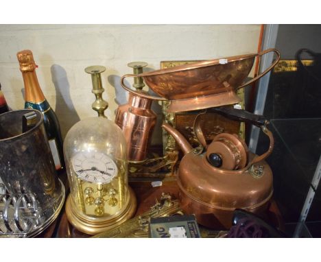 A Tray of Copper and Brasswares to Include Wall Hanging, Pistol Ornaments, Copper Kettle, Tea Caddy, Brass Candlesticks etc. 