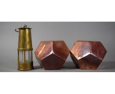 Two Copper Money Boxes Together with a Miniature Brass Miner's Lamp. 