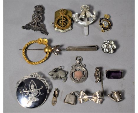 A Collection of Silver &amp; Other Items to Include Fob, Brooches, Charms, Tie Clip, Owl, Stick Pin, Cap Badges etc. 