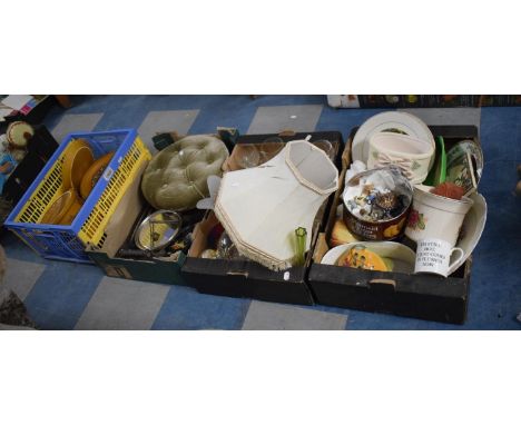 Four Boxes of China, Glass, Breakfast Set, Vintage Tools, Foot Stool etc. 