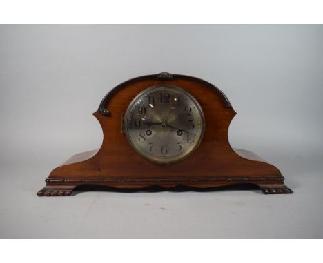 An Art Nouveau German Walnut Mantel Clock with 8 Day Movement by Jahresuhren. (Missing Pendulum and Cracked Glass). 