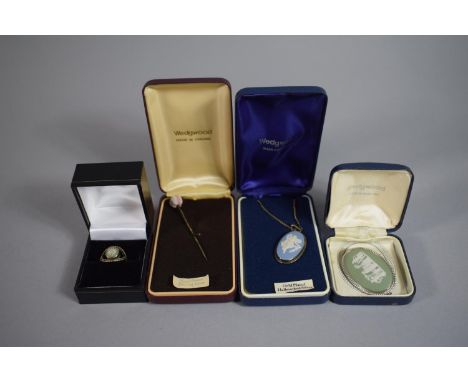 A Collection of Four Pieces of Silver Mounted Wedgwood Jasperware Jewellery Comprising Ring, Brooch, Stick Pin and Pendant. 