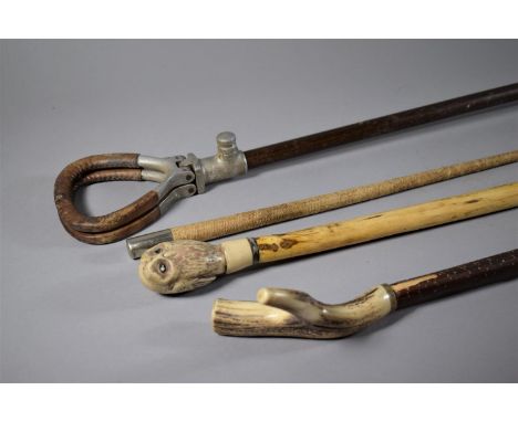 Two Walking Sticks, One with Bone Handle and Other with Owl Together with a White Metal Mounted Crop and Shooting Stick. 