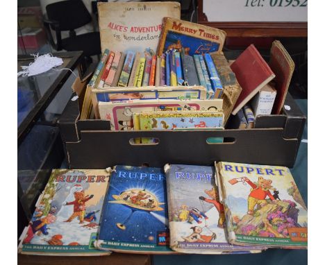 A Box of Various Vintage Children's Books and Annuals to Include Rupert, Alice's Adventures, Louis Wain etc 
