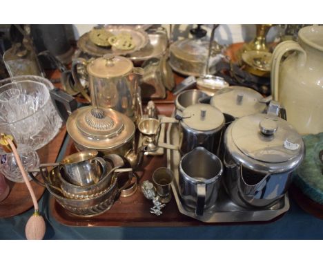 A Tray Containing Silver Plated and Stainless Steel Tea Services, Child's Novelty Elephant Boiled Egg Stand, Silver Spirit Me