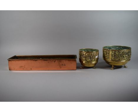 A Rectangular Copper Planting Trough and Two Graduated Brass Plant Pot Stands, The Largest 17.5cm. 