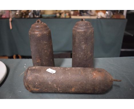 A Pair of Cast Iron Long Case Clock Weights and A Single Example. 