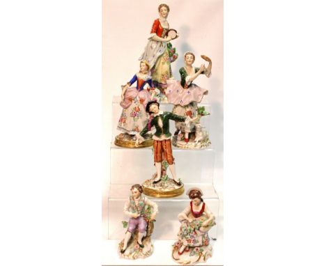 Group of six early 20th century Sitzendorf porcelain figures including two pairs of girls playing tambourines, 18cm high, and