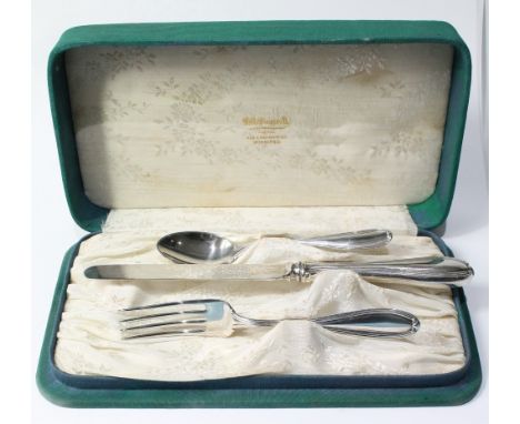 Canadian silver knife, fork and spoon, fiddle and thread pattern, 'Sterling', cased.