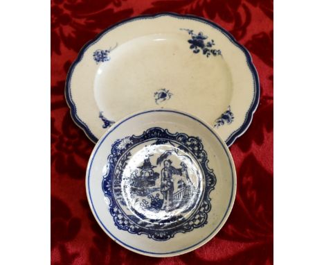 18th century English blue and white saucer with chinoiserie decoration and a Caughley style blue and white plate.