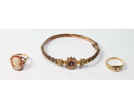 Victorian gold hinged bangle with rose diamond gem cluster, a cameo rung, 9ct gold, and another, 18ct.