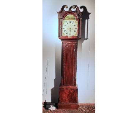 19th century mahogany eight day longcase clock with arched enamel 12in Roman dial, painted with a horse pulling coal, the tru