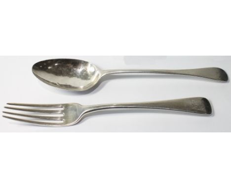 Jersey silver tablespoon, initialled, by George Hamon, c. 1800, and a table fork, crested, London 1814.  (2)