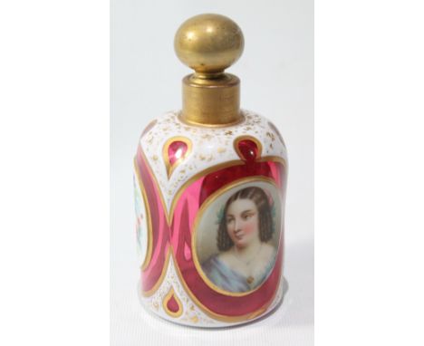 19th century Bohemian overlaid ruby glass perfume bottle with medallion portrait of a girl, 14cm high. Condition Report The b