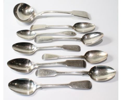 Silver fiddle pattern sauce ladle, 1831, and eight similar teaspoons, various, 6oz.   