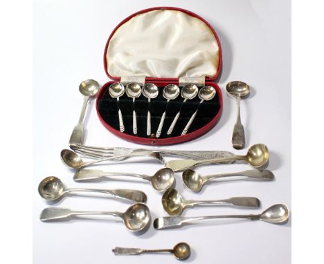 Eleven condiment spoons, a fork and six coffee spoons, cased.