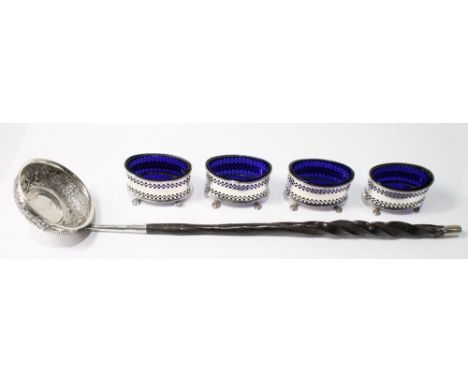 Set of four silver salts with oval pierced, straight sides, Birmingham 1903, and a silver embossed toddy ladle with baleen ha