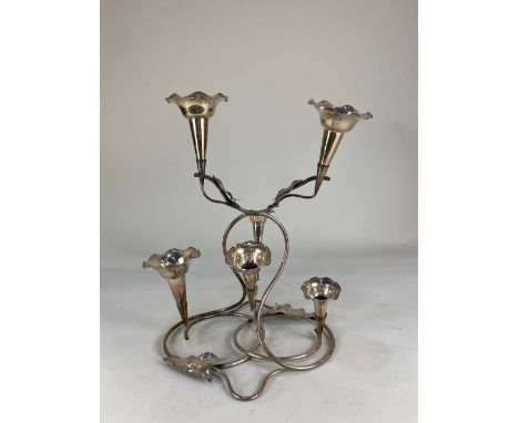 A Mappin &amp; Webb silver plated epergne, of scrolling ivy leaf form, with six bud vases, 35cm high