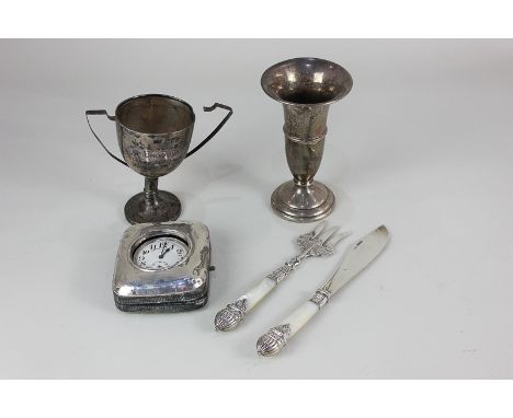 A Victorian silver and mother of pearl christening fish knife and fork, maker William J Holmes, Birmingham 1895, a silver bud