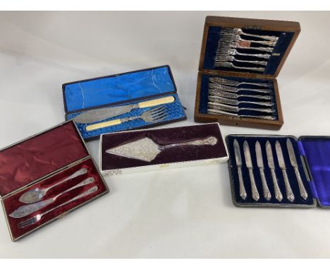 A cased set of six silver plated fish knives and forks, a cased set of six fruit knives, a Viners silver plated cake slice, a