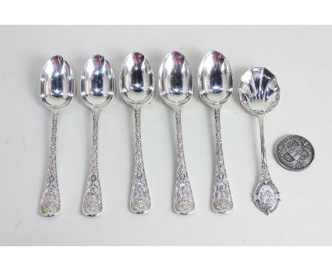 A set of five George V silver teaspoons, makers mark worn, London 1914, together with a Mappin &amp; Webb silver commemorativ