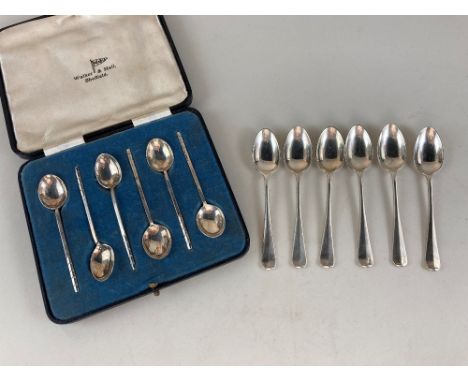 A cased set of six George V silver coffee spoons, makers Walker &amp; Hall, Sheffield, 1934, together with a set of six Mappi