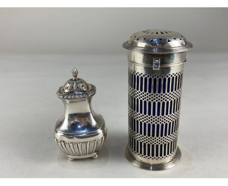 An Edward VII pierced silver and blue glass sugar caster, makers Haseler Brothers, London, 1907, together with a silver peppe