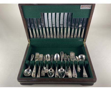 A Butler silver plated canteen, for eight (1 missing dessert fork), in mahogany case, 46cm wide