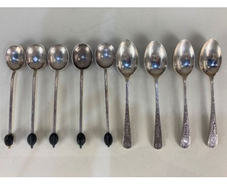 A set of five Elizabeth II silver bean handled coffee spoons, makers Mappin &amp; Webb, Sheffield, 1970, (a/f) together with 