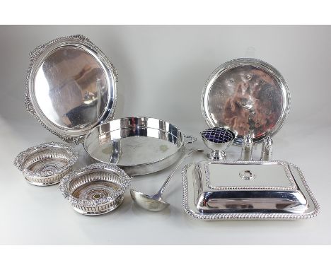 A pair of silver plated bottle coasters, with floral scrolling border, a silver plated entree dish (no handle), two salvers, 