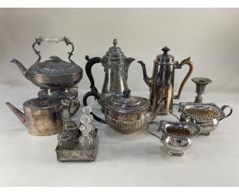 A Mappin &amp; Webb silver plated teapot, a silver plated kettle on stand with burner, a hot water pot, a hot chocolate pot, 