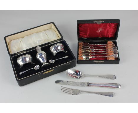 A Victorian silver christening set of knife, fork and spoon, maker Chawner &amp; Co, London 1879, with engraved floral design