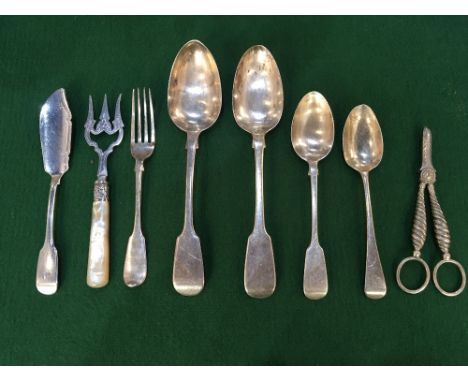 A collection of George III and later fiddle pattern spoons, including Richard Turner, London 1814; William Eaton, London 1828