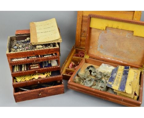 A COLLECTION OF DENTISTRY ITEMS, in three boxes to include plates, dentures, denture moulds, tooth measuring scales, plastic 