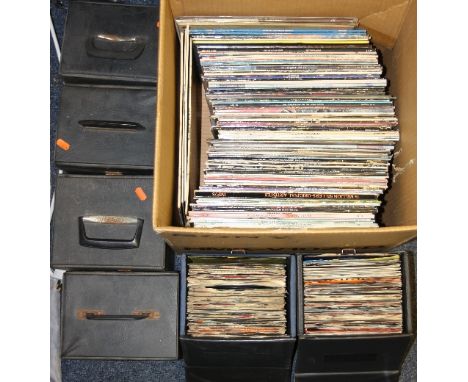 A BOX AND SIX CASES OF OVER NINETY L.P'S AND THREE HUNDRED SINGLES, from artists including The Beatles, Elvis Presley, Carly 