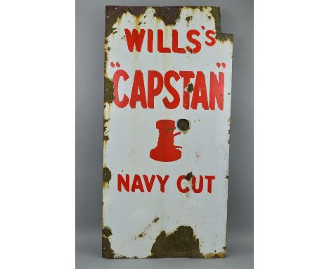 AN ENAMEL ADVERTISING SIGN, Will's  'Capstan' Navy Cut, wall mounted, red lettering and logo on white background, paint loss,